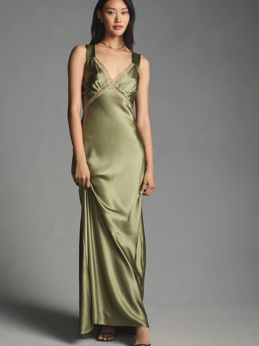 Reformation Olive Satin Lace-Trim Maxi Dress
